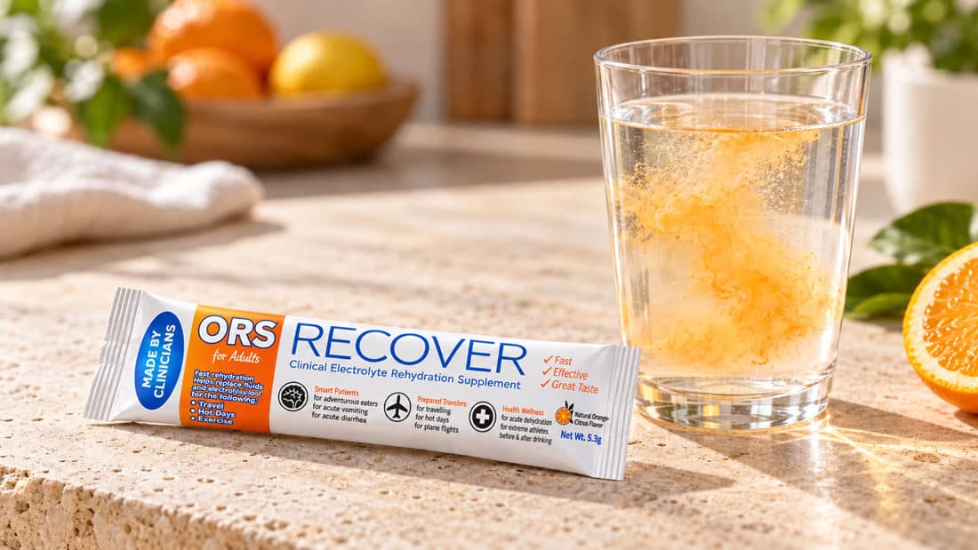 RecoverORS sachet beside a glass of water
